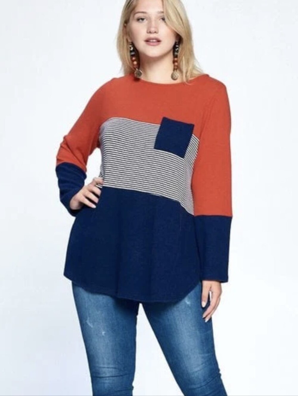 Emerald Women’s 3X Colorblock Tunic Top Navy Red Striped Long Sleeve Plus Size